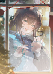  1girl absurdres amiya_(arknights) animal_ears arknights ascot black_jacket blue_ascot blue_eyes blurry blurry_background blurry_foreground brown_hair chinese_commentary collar commentary_request condensation depth_of_field drawing_(action) drawn_heart glass_writing highres jacket jewelry long_hair long_sleeves lushi_jin_up multiple_rings open_clothes open_jacket open_mouth rabbit_ears rabbit_girl ring ring_on_every_finger smile solo tearing_up tears window window_fog 