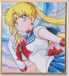 1girl back_bow bishoujo_senshi_sailor_moon blonde_hair blue_eyes blue_sailor_collar blue_skirt blush bow breasts chikoto_(kztc4472) choker closed_mouth clouds collarbone commentary crescent crescent_choker crescent_earrings double_bun dutch_angle earrings elbow_gloves finger_to_cheek full_moon gem gloves gold_tiara hair_bun hair_ornament hand_up highres index_finger_raised jewelry leotard lips lone_nape_hair long_hair magical_girl medium_breasts moon outdoors parted_bangs photo_(medium) picture_frame pleated_skirt red_bow red_choker red_gem red_trim sailor_collar sailor_moon sailor_senshi_uniform short_sleeves skirt smile solo tiara traditional_media transformation_brooch_(sailor_moon) tsukino_usagi twintails very_long_hair white_gloves white_leotard 