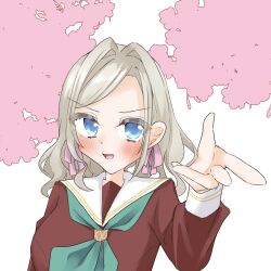  1girl :d absurdres aqua_neckerchief blue_eyes blush brown_dress ceras_yanagida_lilienfeld cherry_blossoms commentary_request dress grey_hair hair_ribbon hand_up hasu_no_sora_school_uniform highres link!_like!_love_live! long_sleeves looking_at_viewer love_live! neckerchief open_mouth pink_ribbon ribbon sailor_collar sailor_dress school_uniform smile solo tama_hasudan upper_body virtual_youtuber white_background white_sailor_collar winter_uniform 
