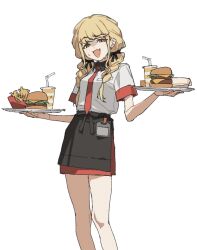  1girl :d absurdres alternate_costume apron bendy_straw black_apron blonde_hair braid burger commentary_request cup disposable_cup dot_nose drink drinking_straw fang fast_food food french_fries fujita_kotone gakuen_idolmaster hair_ornament highres holding holding_tray idolmaster long_hair looking_at_viewer mohu_(shisenmohu) necktie plate red_necktie shirt short_sleeves simple_background skin_fang smile solo tray twin_braids waist_apron waitress white_background white_shirt yellow_eyes 