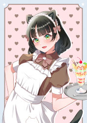  1girl :d absurdres animal_ears apron black_hair blue_border blunt_bangs blunt_ends blush bob_cut border brown_dress cat_ears cat_girl cat_tail cherry collared_dress commentary_request cowboy_shot dress flipped_hair food frilled_apron frills fruit green_eyes heart heart_background highres holding holding_food holding_tray link!_like!_love_live! looking_at_viewer love_live! maid maid_apron maid_headdress mano_409 momose_ginko nyan_nyan_nyan_fair_in_gamers open_mouth outside_border parfait pink_background pocky puffy_short_sleeves puffy_sleeves raised_inner_eyebrows short_hair short_sleeves smile solo strawberry strawberry_slice tail tray virtual_youtuber white_apron 