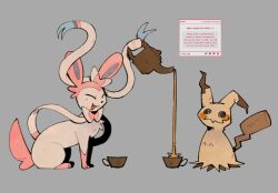  :d animal_focus bow closed_eyes drawn_eyes fang full_body grey_background looking_at_another mimikyu no_humans open_mouth pink_fur pokemon pokemon_(creature) pokemon_focus ribbon simple_background sitting smile sunnydr0pdraws sylveon teapot two-tone_fur white_fur 
