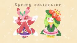  2girls antennae arthropod_girl arthropod_limbs bright_pupils chibi clothed_pokemon colored_skin crown dress flower full_body furry furry_female gold_crown green_hair green_skin hair_flower hair_ornament highres lilligant long_hair looking_at_viewer lurantis mantis_girl monster_girl multicolored_skin multiple_girls no_mouth one_eye_closed orange_eyes orange_flower pink_dress pink_eyes pink_skin plant_girl plant_hair pokemon pokemon_(creature) praying_mantis purple_dress ririko_(nagareboshi) simple_background standing white_pupils white_skin yellow_background 