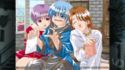  1boy 1girl 2000s_(style) 2girls :d ^_^ anime_coloring atelier-moo blue_eyes blue_hair blue_jacket christpher_cross closed_eyes collarbone game_cg glasses grey_pants hair_between_eyes hood hooded_jacket indoors jacket knitting long_hair long_sleeves multiple_girls non-web_source official_art open_mouth oversized_clothes pants purple_hair red_shirt shirt short_hair sitting smile tears violet_eyes wavy_mouth white_shirt yuukyuu_gensoukyoku 