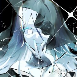  1girl aqua_eyeliner bare_shoulders black_background black_flower black_rose black_veil colored_skin commentary_request constricted_pupils crack eyeliner flower flower_over_eye hair_between_eyes hand_on_own_chin highres kkkkirkir long_hair long_hair_between_eyes looking_at_viewer makeup off_shoulder original parted_lips portrait rose see-through_clothes see-through_veil shards simple_background solo sparkle straight-on veil white_eyes white_skin 