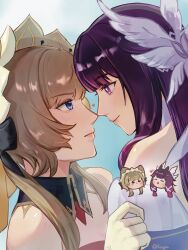  2girls animal_ears bare_shoulders black_collar black_hair black_sleeves blue_eyes blush bonnet bow brown_hair cat_ears cat_girl closed_eyes closed_mouth collar columbina_(genshin_impact) detached_collar detached_sleeves dress english_commentary eye_mask genshin_impact gloves gradient_hair hair_bow hair_ornament hair_ribbon head_only head_wings headdress heart highres kemonomimi_mode long_hair long_sidelocks looking_at_another mask multicolored_hair multiple_girls multiple_wings noses_touching open_mouth purple_hair purple_streaks ribbon sandrone_(genshin_impact) see-through_clothes see-through_mask short_hair_with_long_locks sidelocks smile streaked_hair tchauu26 two-tone_hair unusually_open_eyes very_long_hair violet_eyes white_dress white_headdress white_mask white_wings wing_hair_ornament wings x-shaped_eyewear 