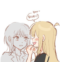  2girls ahoge black_hair blonde_hair blush cho_kaguya-hime! commentary_request face-to-face kaguya_(cho_kaguya-hime!) korean_text looking_at_another medium_hair mole mole_under_eye multiple_girls neeuhn partially_colored sakayori_iroha translation_request white_background yuri 