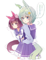  2girls absurdres animal_ears blue_eyes blunt_bangs blush bow bowtie brown_hair commentary ear_covers flower grey_hair hair_between_eyes hair_flower hair_ornament hairband hairclip highres horse_ears horse_girl horse_tail looking_at_viewer morizu929 multiple_girls nishino_flower_(umamusume) parted_lips pink_hairband pleated_skirt purple_sailor_collar purple_serafuku purple_shirt purple_skirt sailor_collar sailor_shirt school_uniform seiun_sky_(umamusume) serafuku shirt short_hair single_ear_cover skirt sunflower sunflower_hair_ornament tail tracen_school_uniform umamusume untranslatable_commentary violet_eyes white_bow white_bowtie x_hair_ornament 