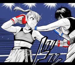  2girls blue_background blue_gloves boxing boxing_gloves boxing_ring boxing_shorts breasts commentary flat_chest flying_sweatdrops frown gloves hatching_(texture) high_ponytail highres lee_(dragon_garou) letterboxed limited_palette medium_breasts midriff motion_lines multiple_girls original outside_border partially_colored ponytail punching red_gloves serious short_hair shorts speed_lines sweat toned toned_female very_sweaty 