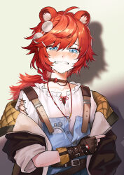  1girl absurdres animal_ear_fluff animal_ears arknights bear_ears bear_girl beruko14 blue_eyes brown_gloves brown_jacket clenched_teeth commentary_request crying crying_with_eyes_open fingerless_gloves gloves hair_ornament highres jacket long_hair looking_at_viewer low_ponytail parted_lips partial_commentary ponytail red_hair shirt solo tears teeth upper_body vetochki_(arknights) white_shirt 