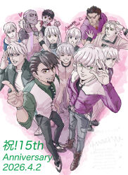  3girls 6+boys anniversary antonio_lopez aquaeryu arms_up barnaby_brooks_jr. belt black_necktie black_pants blonde_hair boots bracelet brown_boots brown_hair closed_eyes closed_mouth collared_shirt commentary_request dated eyelashes facial_hair fingernails glasses green_eyes green_shirt grey_pants grin heart huang_pao-lin index_finger_raised ivan_karelin jewelry kaburagi_t._kotetsu karina_lyle keith_goodman lara_tchaikoskaya lips long_fingernails long_hair long_sleeves multiple_boys multiple_girls nathan_seymour necktie open_mouth pants puff_of_air ring ryan_goldsmith sengoku_subaru shirt shoes short_hair signature smile standing teeth thomas_taurus thumbs_up tiger_&amp;_bunny vest white_belt white_vest 