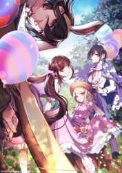  2boys 2girls absurdres ahoge akamatsu_kaede animal_ear_hairband animal_ears balloon bent_over black_hair blue_sky blush bow bowtie brown_eyes brown_hair curtsey danganronpa_(series) danganronpa_v3:_killing_harmony dappled_sunlight dress eyelashes fake_animal_ears flipped_hair flower from_behind hair_between_eyes hairband hat highres holding holding_balloon jacket long_hair long_sleeves looking_at_viewer low_twintails multiple_boys multiple_girls nota_sayaka official_alternate_costume oma_kokichi outdoors pants petals pink_bow pink_bowtie pink_dress purple_dress purple_hair rabbit_ear_hairband rabbit_ears red_eyes rose saihara_shuichi shirt short_hair short_sleeves sitting sky smile spring_(season) standing suit sun_hat sunlight tongue tongue_out tree twintails upside-down violet_eyes yellow_suit 