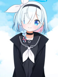  1girl absurdres arona_(blue_archive) black_choker black_coat black_hairband black_sailor_collar black_serafuku black_shirt black_skirt blue_archive blue_eyes blue_hair blue_sky blush bow braid braided_sidelock choker clouds cloudy_sky coat collarbone colored_inner_hair commentary_request cosplay cowboy_shot hair_bow hair_over_one_eye hairband highres long_sleeves looking_at_viewer medium_hair multicolored_hair neckerchief open_clothes open_coat outdoors petako_(ptpt_k) pink_hair plana_(blue_archive) plana_(blue_archive)_(cosplay) sailor_collar school_uniform serafuku shirt sidelocks single_braid skirt sky smile solo white_bow white_neckerchief 