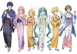  2boys 4girls :d aqua_eyes aqua_hair black_kimono blonde_hair blue_eyes braid brown_shoes commentary_request floral_print floral_print_kimono full_body green_kimono hair_between_eyes hatsune_miku holding japanese_clothes kagamine_len kagamine_rin kaito_(vocaloid) kimono long_hair megurine_luka meiko_(vocaloid) multicolored_kimono multiple_boys multiple_girls official_art orange_kimono pink_hair print_kimono purple_kimono sandals shoes smile toes tsunakawa twintails very_long_hair vocaloid white_shoes 
