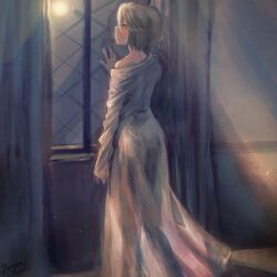  1boy auch_(unicorn_overlord) blonde_hair blue_eyes commentary_request curtains eyelashes from_behind full_moon hair_between_eyes hickey highres indoors long_sleeves male_focus monochrome moon nape night nightgown off_shoulder profile short_hair signature solo standing unicorn_overlord window yatyou6666 