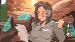  1girl actress aki_ross applying_another's_makeup applying_makeup bodysuit bottle breasts brown_eyes brown_hair brown_sky chzzei clouds commission disembodied_hand film_set final_fantasy final_fantasy_the_spirits_within green_screen grey_bodysuit hair_rollers hand_up highres holding holding_brush holding_makeup_brush holding_paper makeup_brush medium_breasts no_sclera paper plastic_bottle reading script second-party_source short_hair sky solo stage_lights sun sweatdrop upper_body water_bottle wireframe 