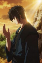  1boy absurdres ai-generated akatsuki_no_yona anime_coloring dawn desert full_body gabrielxo hak_(akatsuki_no_yona) highres long_hair original serious sun sunlight waifugame warrior yona_(akatsuki_no_yona) 
