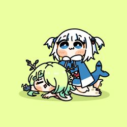  :3 =_= alicemuyuki antlers barefoot blue_eyes blue_gloves blue_hoodie blue_streaks blunt_bangs blush_stickers braid braided_bangs bright_pupils ceres_fauna ceres_fauna_(1st_costume) chibi chibi_only commentary dress english_commentary fins fish_tail full_body gawr_gura gawr_gura_(1st_costume) gloves gradient_hair green_background green_hair hair_ornament hair_over_one_eye highres hololive hololive_english hood hood_down hoodie horns long_hair long_sleeves multicolored_hair no_pants raised_eyebrows riding_person shark_hair_ornament shark_tail short_hair simple_background single_glove sleeves_past_fingers sleeves_past_wrists streaked_hair tail two_side_up virtual_youtuber white_dress white_hair white_pupils wide_sleeves 