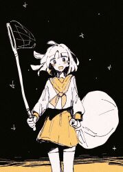  1girl :d bag black_eyes butterfly_net commentary dot_nose english_commentary film_grain floating_hair hand_net heavy_film_grain highres holding holding_bag holding_butterfly_net limited_palette long_sleeves looking_at_viewer medium_hair neckerchief original school_uniform serafuku skirt smile solo standing star_(sky) thigh-highs white_hair white_thighhighs xenoee yellow_collar yellow_neckerchief yellow_skirt zettai_ryouiki 