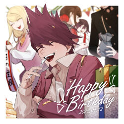  2026 2girls 3boys akamatsu_kaede birthday black_hair blonde_hair border box brown_hair cake closed_eyes collared_jacket commentary danganronpa_(series) danganronpa_v3:_killing_harmony dated eating facial_hair flipped_hair food food_on_face fork gaba33 gift gift_box goatee hair_between_eyes hair_ornament hair_scrunchie happy happy_birthday harukawa_maki highres holding holding_fork holding_gift holding_pouch jacket light_blush long_hair long_sleeves low_twintails male_focus momota_kaito multiple_boys multiple_girls oma_kokichi open_clothes open_mouth purple_facial_hair purple_hair saihara_shuichi scrunchie shirt short_hair smile solo_focus spiky_hair teeth twintails violet_eyes white_border white_shirt 