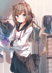  1girl animal_ear_fluff animal_ears bag black_bag black_sailor_collar black_skirt blue_eyes brown_hair brown_tail cat_ears cat_girl cat_tail changing_clothes clothes_lift collarbone commentary commission dot_nose english_commentary gradient_neck_ribbon hair_ornament hair_ribbon hairclip hangar heripiro highres lifting_own_clothes light_blush long_hair long_sleeves looking_at_viewer neck_ribbon open_clothes open_skirt original parted_lips pleated_skirt pulling_own_clothes red_ribbon ribbon sailor_collar shirt shirt_lift sidelocks skeb_commission skirt solo tail unworn_clothes unworn_shirt watermark white_shirt 