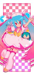  1girl 3d :d absurdres animasa_model_(mikumikudance) aqua_hair bandaid bell blue_hair blush_stickers bow cellphone cellphone_charm charm_(object) checkered_background chibi closed_mouth collar colorful dress flip_phone gradient_hair hachune_miku hair_ornament hairclip hat hatsune_miku headphones heart heart_hair_ornament highres holding holding_phone jewelry jingle_bell kio_(majin_kz) light_smile long_hair looking_at_viewer low_poly m@gical_cure!_love_shot!_(vocaloid) magical_girl mikumikudance_(medium) multicolored_hair nail_polish neck_bell nurse_cap o_o open_mouth phone pink_background pink_collar pink_dress pink_eyes pink_hair pink_sailor_collar ring sailor_collar smile sparkle spiral star-shaped_pupils star_(symbol) symbol-shaped_pupils twintails vocaloid white_background white_dress white_hat winged_hat yellow_bow 