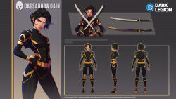  1girl armored_bodysuit batman_(series) belt black_bodysuit black_gloves black_hair bodysuit boots breasts cassandra_cain character_name city city_lights cityscape commentary crossed_swords dc:_dark_legion dc_comics dual_wielding english_commentary eyelashes fingerless_gloves full_body full_moon gloves gold_trim gotham highres holding holding_sword holding_weapon katana knee_boots looking_at_viewer moon multicolored_bodysuit multiple_views narrow_waist night outline pink_lips reference_sheet short_hair simple_background skyline small_breasts superhero_costume sword turnaround upper_body utility_belt weapon yellow_belt yellow_eyes yellow_outline 