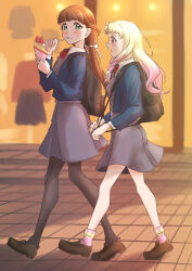  2girls absurdres backpack bag black_bag black_pantyhose blonde_hair blue_jacket braid brown_hair brown_shoes closed_mouth collared_shirt commentary_request crepe dress eating food food_on_face fork full_body gradient_hair green_eyes grey_dress hair_ribbon half_up_braid highres holding holding_crepe holding_food holding_fork holding_strap jacket loafers long_sleeves love_live! love_live!_superstar!! low_twintails multicolored_hair multiple_girls neck_ribbon onitsuka_natsumi open_clothes open_jacket open_mouth outdoors pantyhose pinafore_dress pink_eyes pink_hair pink_socks profile red_ribbon ribbon sakurakoji_kinako school_uniform shirt shoes sleeveless sleeveless_dress socks twintails two-tone_socks uduki_fuji utensil_in_mouth walking white_ribbon white_shirt yellow_socks yuigaoka_school_uniform 