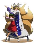  animal_ears blonde_hair brown_eyes brown_hair cat_ears cat_tail cat_tails chen china_dress chinadress chinese_clothes earrings fox_ears fox_tail hat henshin jewelry kamen_rider multiple_girls multiple_tails pose tail tori_(artist) touhou yakumo_ran 