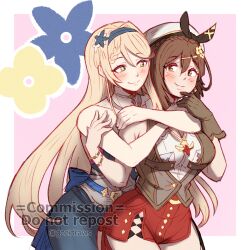  2girls alt_text artist_name atelier_(series) atelier_ryza atelier_ryza_3 blonde_hair blue_dress blush border braid breasts brown_eyes brown_gloves brown_hair commentary commission dress english_commentary flower_hairpin gloves green_eyes gzei hair_ornament hairband hairclip hat highres hug hug_from_behind jewelry klaudia_valentz large_breasts long_hair looking_at_another medium_hair multiple_girls necklace outside_border pink_background red_shorts reisalin_stout short_shorts shorts single_glove smile star_(symbol) star_necklace thighs very_long_hair vgen_commission white_border white_hat yuri 