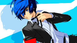  1boy adjusting_neck_ribbon all-out_attack armband atlus black_ribbon blue_background blue_eyes blue_theme buttons closed_mouth collared_shirt company_name concept_art copyright_name hair_between_eyes highres jacket looking_to_the_side male_focus neck_ribbon official_art open_clothes open_jacket persona persona_3 persona_3_reload red_armband ribbon s.e.e.s shadow shimada_azusa shirt short_hair sketch solo two-tone_background white_background white_shirt yuuki_makoto_(persona_3) 
