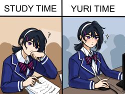  1girl absurdres alien_stage black_bow black_hair blazer blue_jacket bow bowtie commentary computer_mouse diagonal-striped_bow diagonal-striped_bowtie diagonal-striped_clothes english_commentary hair_ornament hairband hairclip highres himejoshi holding holding_pencil jacket lemelonbread low_ponytail meme necktie official_alternate_costume paper pencil ponytail school_uniform striped_bow striped_bowtie striped_clothes study_time_vs_game_time_(meme) sua_(alien_stage) violet_eyes white_hairband 