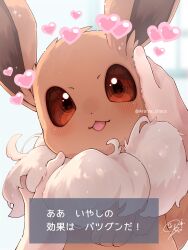  aroma_(aroma_choco) artist_name brown_eyes brown_fur eevee heart highres looking_at_viewer open_mouth pokemon pokemon_(creature) pov pov_hands signature solo_focus translation_request 