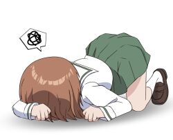 1girl blouse brown_hair brown_shoes commentary girls_und_panzer green_skirt highres japan_(hetalia) japanese_armor japanese_clothes japanese_crested_ibis_(kemono_friends) japanese_flag japanese_text loafers long_sleeves miniskirt nishizumi_miho ooarai_school_uniform pleated_skirt sailor_collar school_uniform serafuku shirt shoes short_hair simple_background skirt socks solo spoken_squiggle squiggle top-down_bottom-up white_background white_sailor_collar white_shirt white_socks zaofeng