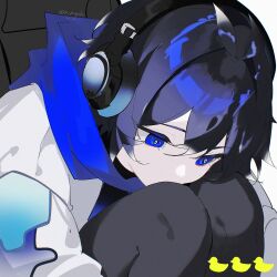  1boy absurdres antenna_hair artist_name blue_eyes blue_hair blue_scarf chair close-up english_commentary gradient_hair grey_background hair_between_eyes headphones highres honkai:_star_rail honkai_(series) hugging_own_legs jacket knees_up leaning_forward long_sleeves looking_down multicolored_hair no_mouth on_chair pantyhose riryachi rubber_duck scarf shade sitting sketch solo stephen_lloyd_(honkai:_star_rail) twitter_username unfinished upper_body 