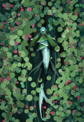  1girl afloat blue_hair closed_eyes closed_mouth commentary_request facing_viewer fins full_body green_kimono haruaki_(onkai_planaria) head_fins highres japanese_clothes kimono long_sleeves lotus_leaf merfolk mermaid monster_girl obi outdoors sash smile solo touhou wakasagihime water wide_sleeves 