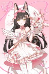  1girl animal_ears azur_lane black_hair bow bowtie fox_ears fox_girl highres hime_cut holding holding_staff magical_girl nagato_(azur_lane) pink_bow pink_bowtie staff thigh-highs user_urkc8848 white_thighhighs wings yellow_eyes 