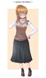  1girl absurdres black_shoes black_skirt blush brown_hair character_name closed_mouth collared_shirt commentary cross cross_necklace degrees_of_lewdity glasses grey-framed_eyewear hattorin highres jewelry mole mole_under_eye necklace ponytail school_uniform shirt shoes simple_background skirt smile solo sweater_vest sydney_(degrees_of_lewdity) sydney_(female)_(degrees_of_lewdity) yellow_eyes 