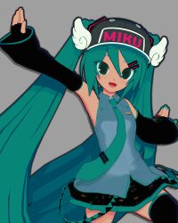  1girl 3d :d absurdres animasa_model_(mikumikudance) aqua_eyes aqua_hair aqua_nails aqua_necktie black_boots black_skirt boots commentary cowboy_shot detached_sleeves dr._slump english_commentary fang grey_background grey_shirt hair_ornament hairclip hat hatsune_miku highres kio_(majin_kz) leg_up long_hair mikumikudance_(medium) miniskirt necktie norimaki_arale open_mouth outstretched_arms pleated_skirt shirt simple_background skin_fang skirt sleeveless sleeveless_shirt smile solo thigh_boots twintails very_long_hair vocaloid winged_hat 