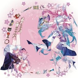  2girls absurdres bare_shoulders blue_eyes blue_flower book bracelet character_doll chess_piece closed_eyes closed_mouth coat cup cyrene_(honkai:_star_rail) cyrene_(philia093)_(honkai:_star_rail) doll dress dress_flower drinking_glass emofaze08884 flower flower_on_leg gem gladiator_sandals hair_flower hair_ornament high_heels highres holding holding_quill honkai:_star_rail honkai_(series) hugging_object jewelry long_sleeves medium_hair mem_(honkai:_star_rail) multiple_girls one_eye_covered pink_flower pink_hair purple_coat quill red_gem ribbon sandals seashell shell skirt sword upside-down v weapon white_dress white_skirt wine_glass wrist_ribbon 