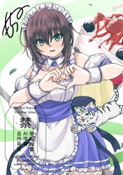  1girl animal_hands aoi_erika aoi_erika_(deliverer_of_miracle) apron bare_shoulders black_hair blue_dress blush breasts byakko_(heaven_burns_red) collarbone cowboy_shot detached_collar detached_sleeves dress fangs food four-finger_heart_hands frilled_apron frilled_dress frilled_sleeves frills fruit furrowed_brow green_eyes hair_between_eyes hands_up heart heart_hands heaven_burns_red highres large_breasts looking_at_viewer maid maid_apron maid_headdress medium_hair official_alternate_costume open_mouth parfait puffy_short_sleeves puffy_sleeves short_sleeves signature simple_background siromochino sleeveless sleeveless_dress solo strawberry sweatdrop tiger tongue tongue_out watermark white_apron white_background white_tiger white_wrist_cuffs wrist_cuffs 