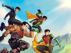  bat_signal batman_(series) batman_symbol belt black_bodysuit black_gloves black_hair blue_eyes bodysuit brothers cape damian_wayne dc_comics dick_grayson domino_mask eye_mask gloves grey_bodysuit highres holding jacket jason_todd male_focus mask multicolored_bodysuit multiple_boys muscular muscular_male nightwing pants quezartt red_hood_(dc) robin_(dc) short_hair siblings superhero_costume taut_bodysuit tim_drake two-tone_bodysuit utility_belt western_comics_(style) yellow_cape 