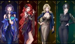  4girls absurdres aqua_eyes aqua_nails black_dress black_flower black_hair black_hat blonde_hair blue_coat blue_dress blue_eyes blue_hair blue_lips blunt_bangs bracelet cabernet_(path_to_nowhere) cane coat collar dress earrings enfer_(path_to_nowhere) eye_print facial_mark flower frilled_collar frilled_sleeves frills grey_dress grey_lips hair_flower hair_ornament hammer hand_on_own_hip hat highres holding holding_cane holding_hammer jelena_(path_to_nowhere) jewelry light_smile long_hair multiple_girls necklace path_to_nowhere pink_eyes purple_dress purple_lips red_hair red_lips see-through_clothes see-through_sleeves side_slit teardrop_facial_mark vautour_bleu_(path_to_nowhere) violet_eyes vocaloid004 yellow_nails 