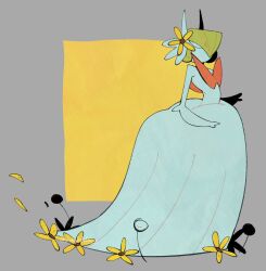  1girl bob_cut colored_skin dress flower full_body gardevoir green_hair grey_background hair_over_one_eye highres looking_at_viewer mega_gardevoir pokemon pokemon_(creature) red_eyes short_hair simple_background solo standing sunnydr0pdraws white_dress white_skin yellow_flower 