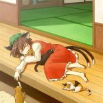  animal_ears barefoot brown_hair cat cat_ears cat_tail chen earrings feet hat jewelry kannari lying multiple_tails on_side short_hair sleeping solo tail too_many_cats touhou veranda 