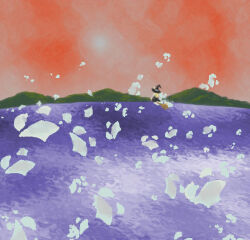  1girl black_hat black_skirt blonde_hair broom broom_riding flying hat kashiwada_kiiho kirisame_marisa long_hair mountain red_sky skirt sky solo tagme touhou water witch_hat 