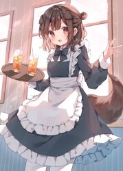  1girl apron black_bow black_dress black_sleeves blush bow breasts brown_hair brown_tail collar collared_dress commentary commission cowboy_shot cup dress drink english_commentary fang frilled_apron frilled_dress frills hair_bun hand_up heripiro highres holding holding_tray long_sleeves looking_at_viewer maid maid_apron medium_hair open_mouth original pink_eyes sidelocks skeb_commission small_breasts smile solo standing tail tray watermark waving white_collar 