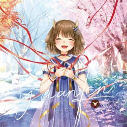  1girl 8k album_cover antlers autumn_leaves blue_collar blush bracelet brown_hair cherry_blossoms choker closed_eyes collar cover deer_antlers dress floating_petals full_body gradient_background hair_ornament holding holding_ribbon horns jewelry kano_(utaite) leaf mizutamako nature open_mouth path petals purple_skirt red_choker red_ribbon ribbon sailor_dress shirt short_hair signature skirt smile snow solo star_(symbol) star_bracelet star_hair_ornament tree white_shirt wind winter 