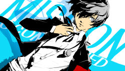  1boy adjusting_neck_ribbon all-out_attack armband atlus black_ribbon blue_background blue_theme buttons closed_mouth collared_shirt company_name concept_art copyright_name english_text grey_eyes grey_hair hair_between_eyes headphones headphones_around_neck highres jacket looking_to_the_side male_focus neck_ribbon official_art open_clothes open_jacket persona persona_3 persona_3_reload red_armband ribbon s.e.e.s shadow shimada_azusa shirt short_hair sketch solo text_background two-tone_background white_background white_shirt yuuki_makoto_(persona_3) 