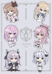  6+girls black_gloves black_robe blonde_hair blue_capelet blunt_bangs blunt_ends bow bowtie braid brown_hair capelet chibi chibi_only closed_mouth collared_shirt commentary_request crossed_arms crossed_bangs crown_braid eyes_visible_through_hair fake_horns fang floral_print floral_print_kimono fox_mask frown full_body gloves green_eyes grey_background grey_hair hair_between_eyes hair_over_one_eye hairband hands_up heaven_burns_red highres hime_cut horns index_finger_raised japanese_clothes kimono kiryuu_miya kneehighs kura_satomi lolita_fashion lolita_hairband long_hair long_sleeves looking_at_viewer low-tied_long_hair mask mask_on_head miniskirt multiple_girls neck_ribbon necktie ogasahara_hisame open_clothes open_kimono open_mouth open_robe outline pantyhose pink_eyes pink_hair pleated_skirt pointing pointing_at_viewer ponytail print_kimono purple_bow purple_bowtie purple_necktie purple_ribbon red_eyes ribbon robe shirakawa_yuina shirt sidelocks simple_background single_braid siromochino skin_fang skirt socks standing sugawara_chie team_30g_(heaven_burns_red) thick_eyebrows triangle_mouth tsukishiro_monaka twintails very_long_hair white_kimono white_outline white_pantyhose white_shirt white_skirt wide_sleeves yellow_ribbon 